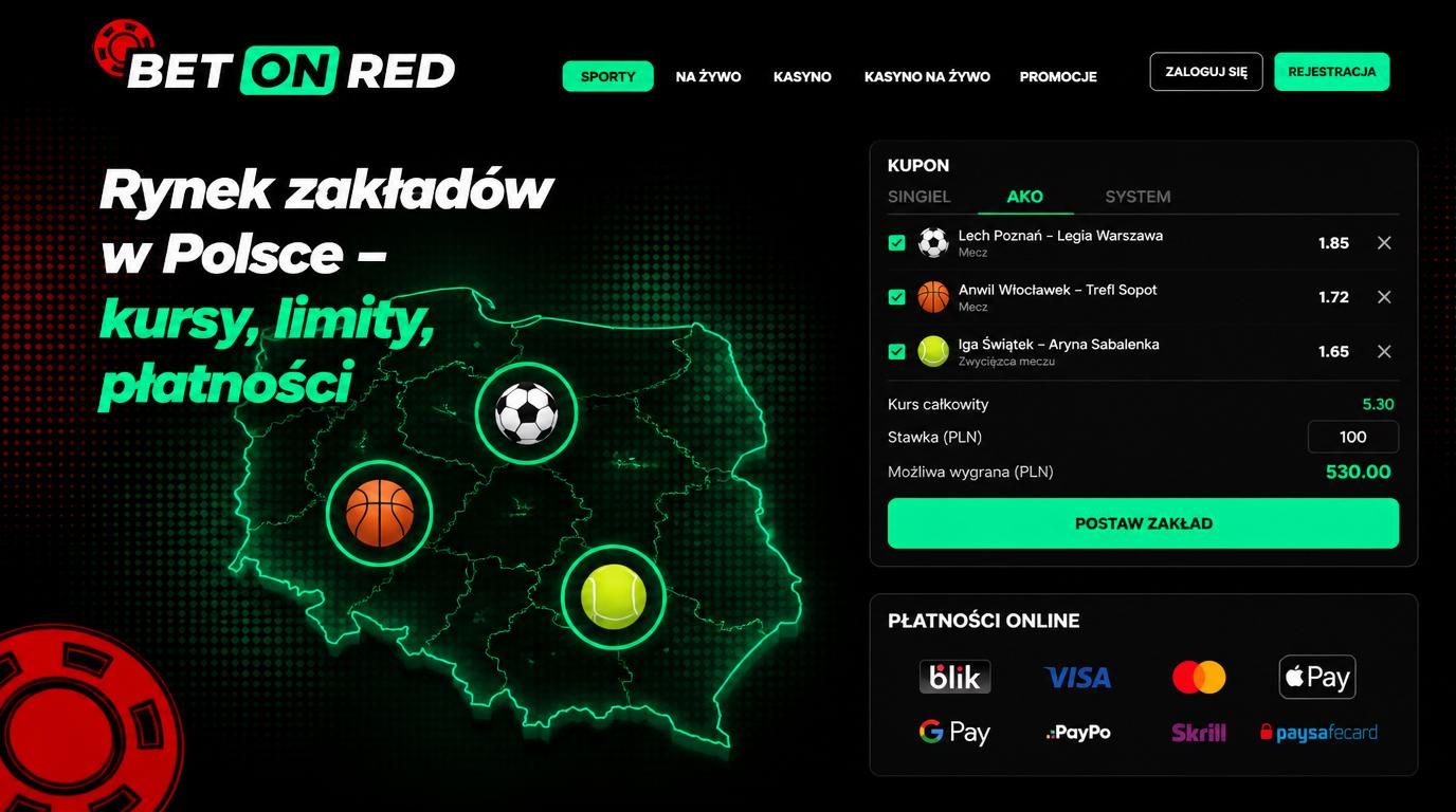Mapa Polski z ikonami sportów i ekranem kuponu