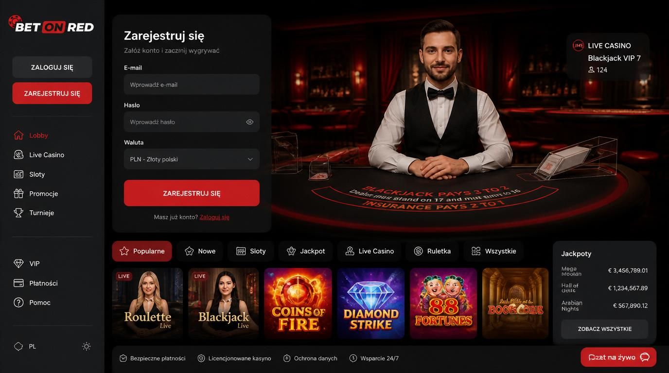 formularz rejestracji BetOnRed i atmosferka live casino