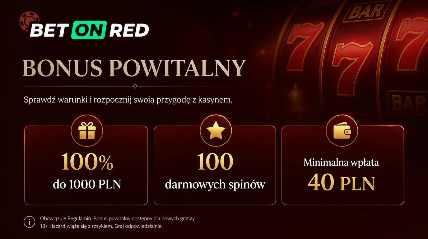 Ekran oferty powitalnej z bonusem 100% do 1000 PLN, 100 darmowymi spinami i minimalną wpłatą 40 PLN