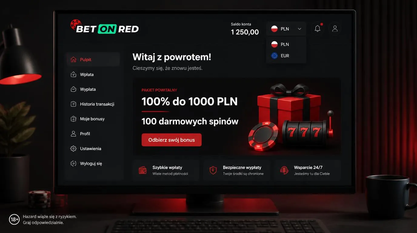 Widok oferty powitalnej z kwotą 1000 PLN, 100 spinami i wyborem waluty na koncie